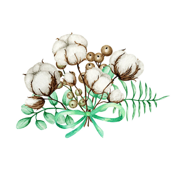 Watercolor cotton bouquet. Botanical Hand drawn Eco wedding card illustration. Cotton flowers buds balls in vintage style. Green leaves Plant ball nature lifestyle border with copy space - Foto, imagen