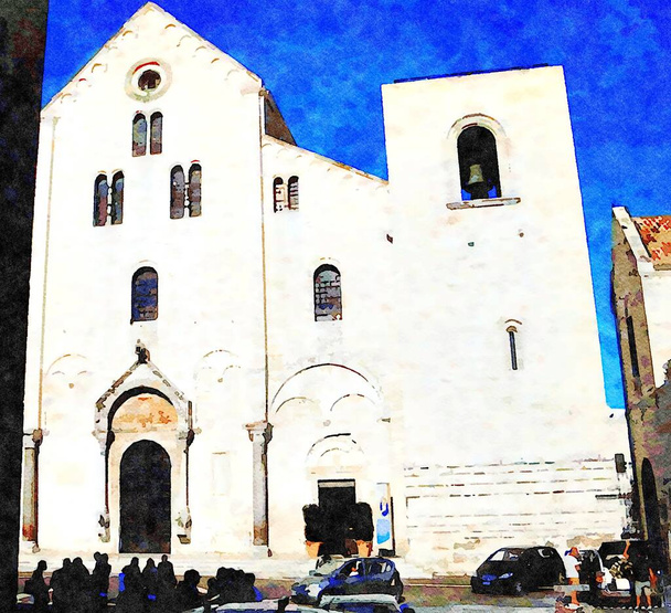 Az egyik templom homlokzatát ábrázoló akvarellstílus Bari történelmi központjában, Puglia Olaszországban - Fotó, kép