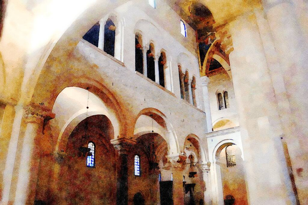 Puglia İtalya 'nın tarihi merkezi Bari' deki kiliselerden birinin kemerlerini temsil eden suluboya stili - Fotoğraf, Görsel