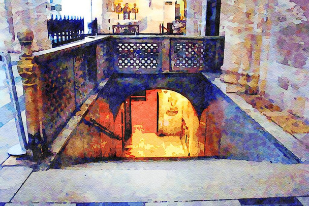 Az egyik templom kriptájának bejáratát ábrázoló akvarellstílus Puglia Olaszország Bari történelmi központjában - Fotó, kép
