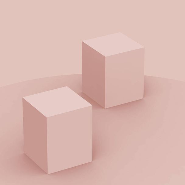 3Dほこりっぽいピンクのキューブとボックス表彰台最小限のシーンスタジオの背景。概要3D形状オブジェクトイラストレンダリング。ナチュラルカラートーン. - 写真・画像