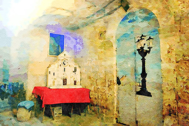 akvarel představující detail uličky v historickém centru Bari v Puglii Itálie - Fotografie, Obrázek