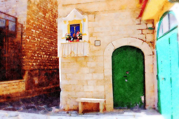 Aquarell, das ein Detail einer Gasse im historischen Zentrum von Bari in Apulien darstellt - Foto, Bild