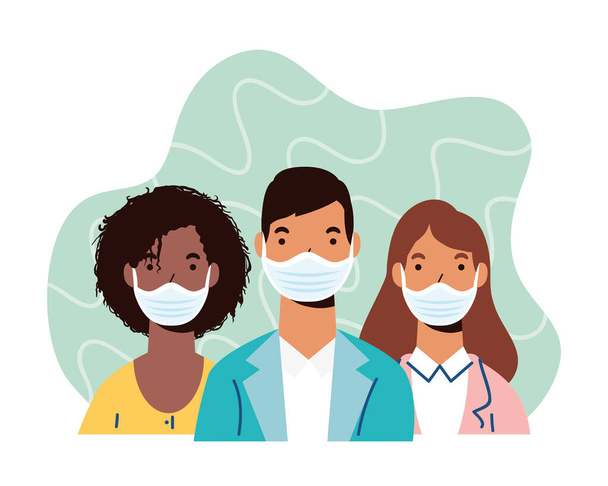 group of diversity people wearing medical masks characters - Vector, Image