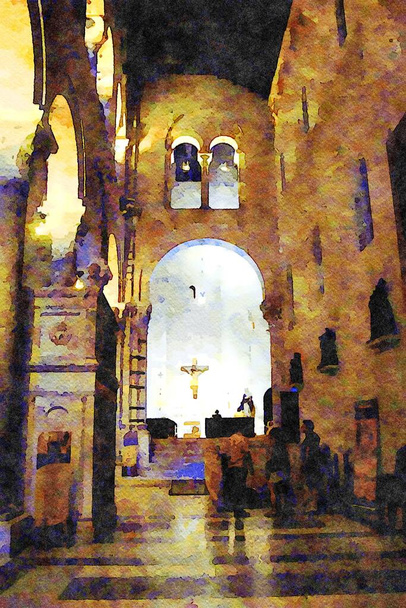 akvarellstílus jelképezi a hajó az egyik templom a történelmi központjában Bari Puglia Olaszország - Fotó, kép