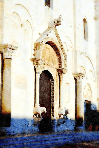 υδατογραφία που αναπαριστά την είσοδο μιας από τις εκκλησίες στο ιστορικό κέντρο του Μπάρι στην Απουλία Ιταλία - Φωτογραφία, εικόνα