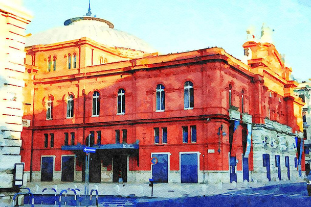 akvarellstílus, amely egy történelmi épület megpillantását jelenti Bari központjában, Puglia Olaszországban - Fotó, kép