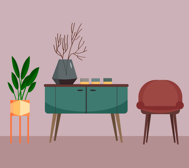 Interno del soggiorno con un armadio, un fiore e una sedia.Illustrazione vettoriale in stile piatto. - Vettoriali, immagini
