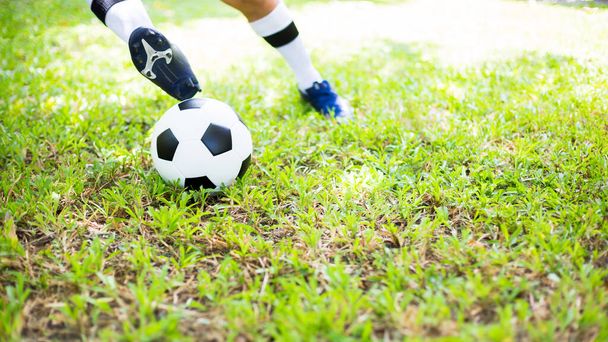 Футболіст керує, щоб стріляти м'ячем на зеленій траві до мети. Тренування футболіста для матчу. Футболіст у футбольній академії
. - Фото, зображення