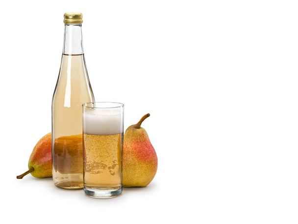 Ripe pears and lemonade in glass container, it is isolated on white - Foto, Imagem