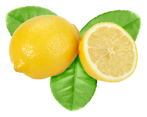 Yellow lemon with green leaf - Фото, изображение