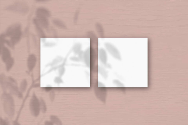 2 quadratische Blätter aus weißem strukturiertem Papier auf dem rosafarbenen Wandhintergrund. Mockup-Overlay mit den Schatten der Pflanze. Natürliches Licht wirft Schatten von einer exotischen Pflanze. Flache Lage, Draufsicht. Horizontale Orientierung - Foto, Bild