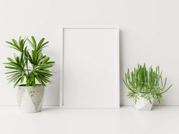 Εσωτερική αφίσα mock up με γλάστρα, λουλούδι στο δωμάτιο με λευκό τοίχο. 3D απόδοση. - Φωτογραφία, εικόνα
