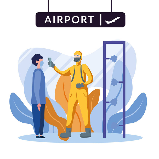 homme avec costume de protection vérifiant la température de l'homme à la conception vectorielle de l'aéroport - Vecteur, image