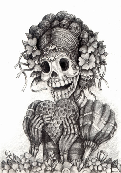 Girl Skull In Iove Day of the dead.Hand kreslení na papíře. - Fotografie, Obrázek