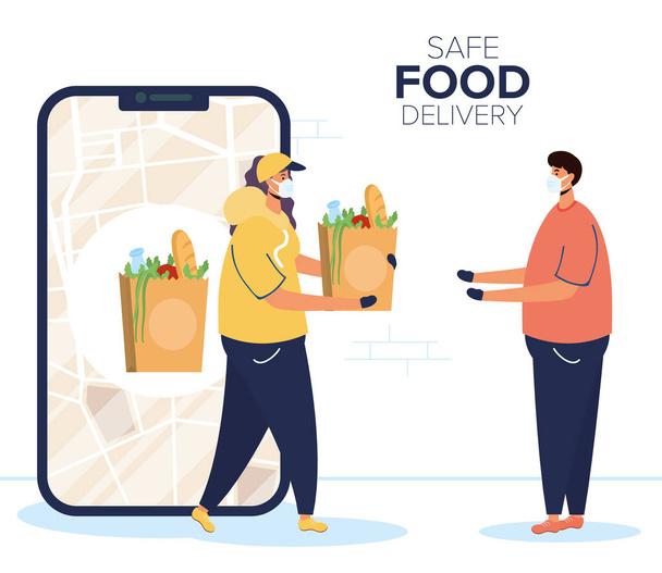 Sichere Essenslieferung Mitarbeiterin mit Einkaufstasche und Kunde im Smartphone - Vektor, Bild