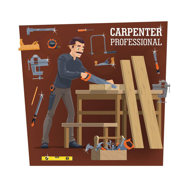 Carpentry workshop worker with tools, vector. Carpenter cutting a wood plank with handsaw and making furniture. Vise and joiner plane, jigsaw, file and measure tape, tools in toolbox. Woodwork - Vector, Image