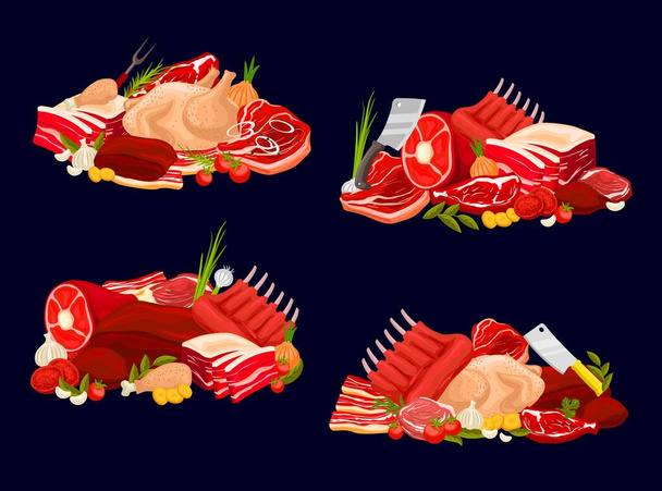 Fleischsorten vektoren Kalb und Rind, Schwein, Huhn und Hammel. Rohfleischsortiment für die Metzgerei. Rindersteak, Schweineschinken und Geflügel, Hammelrippen mit frischem Gemüse, Kräutern und Gewürzen, landwirtschaftliche Produkte - Vektor, Bild