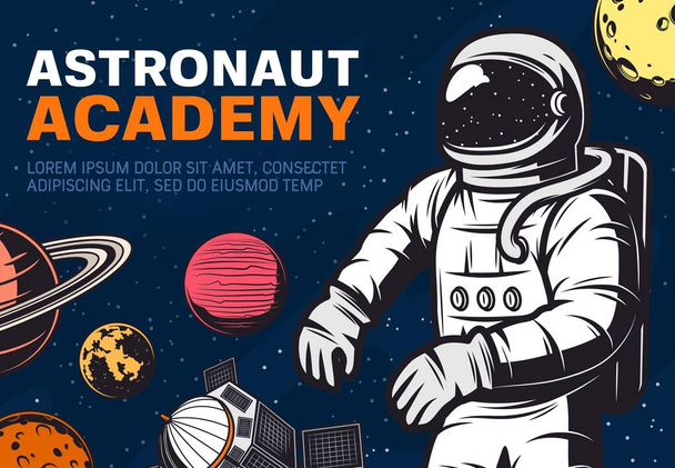 Astronaut academy. Spaceman traveling in galaxy or outer space with stars, satellite and Moon, Saturn and Mars, Venus and Jupiter planets. Galaxy exploration and discovery, science - Vector, Image