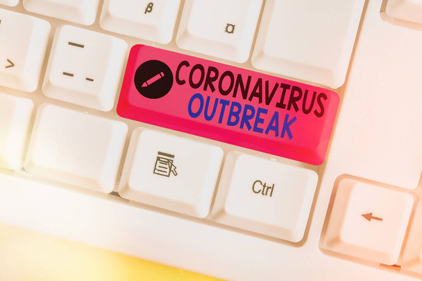 Writing note showing Coronavirus Outbreak. Business photo showcasing infectious disease caused by newly discovered COVID19 White pc keyboard with empty note paper above white key copy space. - Foto, Bild