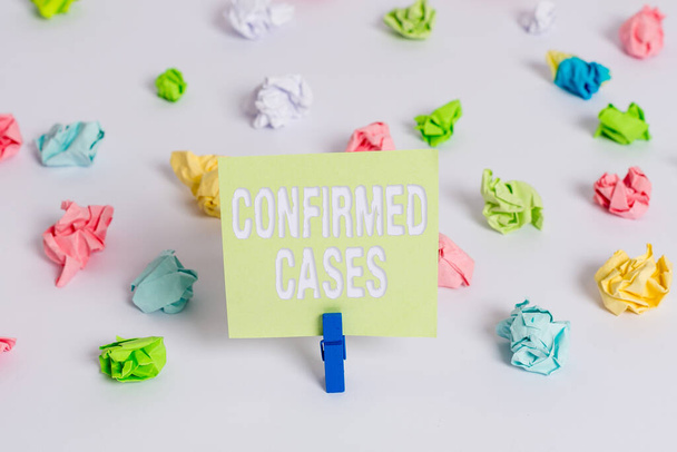 Word writing text Confirmed Cases. Business concept for set of circumstances or conditions requiring action Colored crumpled papers empty reminder white floor background clothespin. - Photo, Image