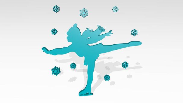 Lány korcsolyázás télen a falon. 3D illusztráció a fém szobor fehér háttér enyhe textúra. gyönyörű és nő - Fotó, kép