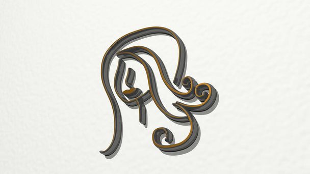 woman on the wall. 3D illustration of metallic sculpture over a white background with mild texture. beautiful and young - Photo, Image