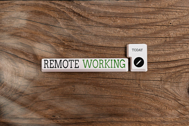 Textzeichen, das Remote Working zeigt. Konzeptioneller Fotostil, der es Profis ermöglicht, außerhalb einer Office PC-Tastatur mit leerem Notizpapier über Hintergrundkopierraum zu arbeiten. - Foto, Bild