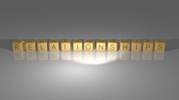 RELATIONSHIPS built by golden cubic letters from the top perspective, excellent for the concept presentation. couple and love - Photo, Image