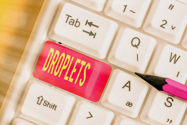 Writing note showing Droplets. Business photo showcasing very small drop of a liquid can be found in certain wet places White pc keyboard with empty note paper above white key copy space. - Photo, Image