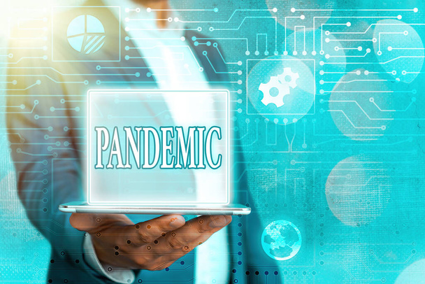 Text sign showing Pandemic. Conceptual photo occurring over a wide area affecting high proportion of population System administrator control, gear configuration settings tools concept. - Photo, Image