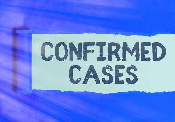 Text sign showing Confirmed Cases. Conceptual photo set of circumstances or conditions requiring action Rolled ripped torn cardboard placed above a wooden classic table backdrop. - Photo, Image