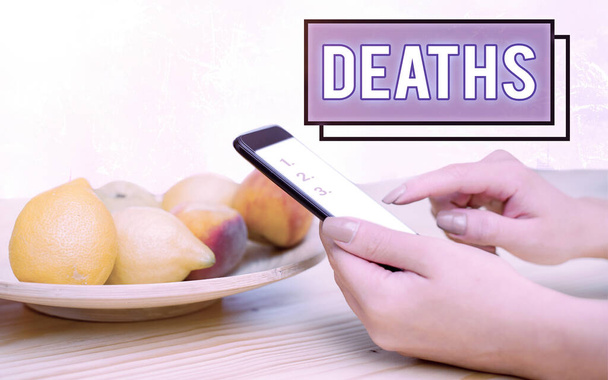 Conceptual hand writing showing Deaths. Business photo text permanent cessation of all vital signs, instance of dying individual Modern gadgets white screen under colorful bokeh background. - Photo, Image