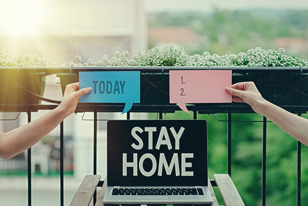 Conceptual hand writing showing Stay Home. Business photo text not go out for an activity and stay inside the house or home Empty bubble chat sticker mock up emphasizing personal idea. - Foto, Bild