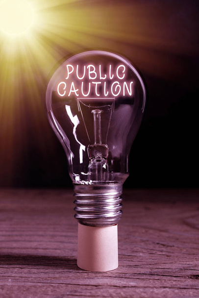 Word writing text Public Caution. Business concept for formal warning given to the public to express a potential risk Realistic colored vintage light bulbs, idea sign solution thinking concept. - Photo, Image