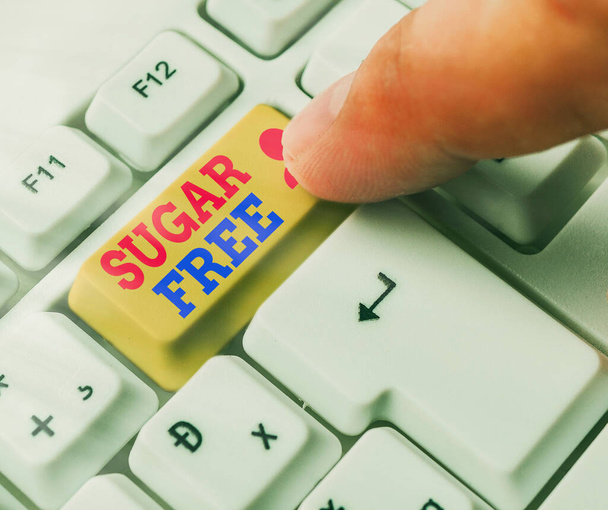 Handwriting text Sugar Free. Concept meaning do not contain sugar and only have artificial sweetener instead White pc keyboard with empty note paper above white key copy space. - Photo, Image