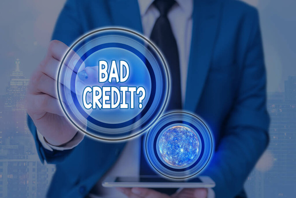 Text sign showing Bad Credit Question. Conceptual photo a bad credit score due to nonpayment of loans Futuristic icons solar system. Elements of this image furnished by NASA. - Photo, Image