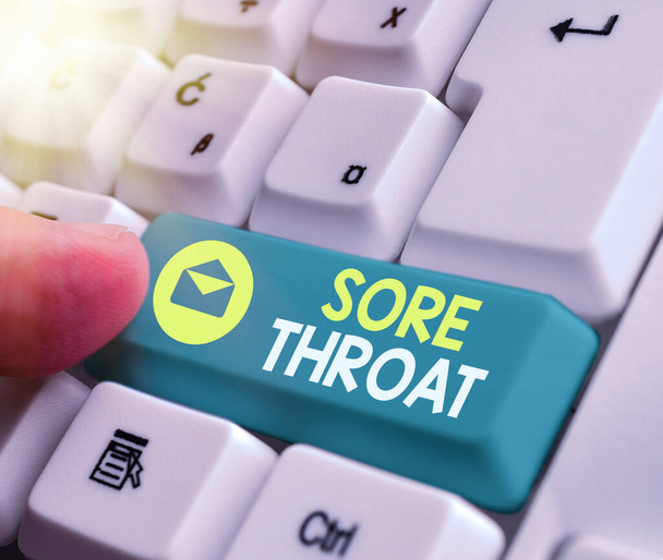 Text sign showing Sore Throat. Conceptual photo Inflammation ot the pharynx and fauces resulted from an irritation White pc keyboard with empty note paper above white key copy space. - Photo, Image