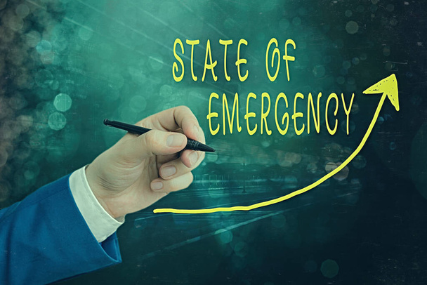 Handwriting text writing State Of Emergency. Concept meaning acknowledging an extreme condition affecting at a national level digital arrowhead curve rising upward denoting growth development concept. - Photo, Image