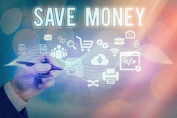 Text sign showing Save Money. Conceptual photo to budget or put money aside for the future or emergency Information digital technology network connection infographic elements icon. - Photo, Image