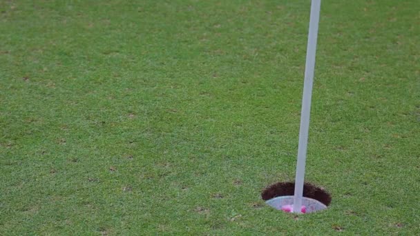Een golfbal op het groen heeft een beetje te veel kracht als het teleurstellend stuitert op de rand van het gat tijdens een putt. - Video