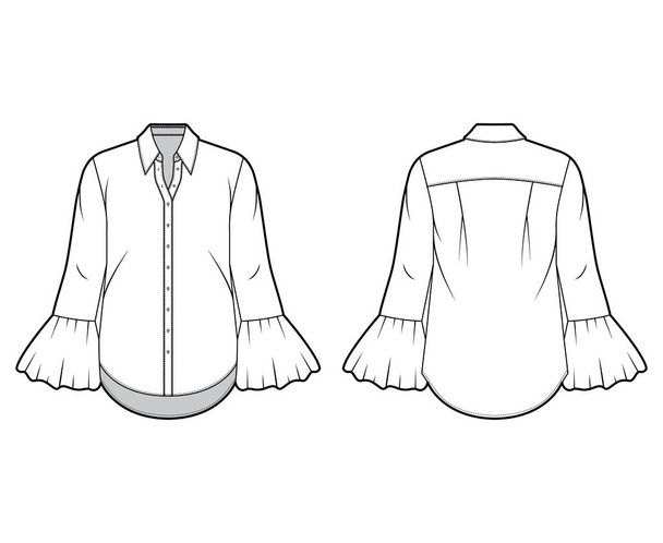 Klassisches Hemd technische Modeillustration mit scharfem Kragen, voluminösen geriffelten Bündchen, langen Ärmeln, Übergröße - Vektor, Bild