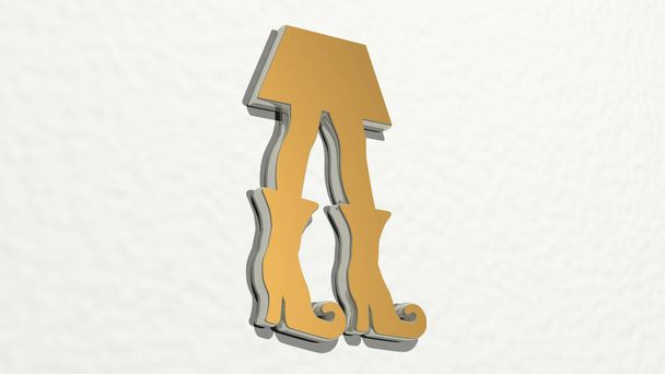 GIRL WITH WIZARD HIGH HEEL BOOTS made by 3D illustration of a shiny metallic sculpture on a wall with light background. beautiful and woman - Фото, изображение