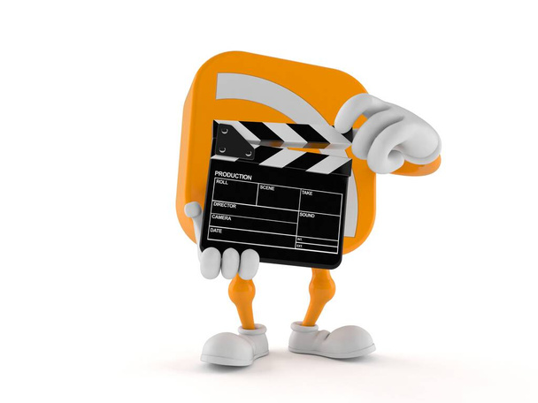 RSS χαρακτήρα εικονίδιο κρατώντας clapboard απομονώνονται σε λευκό φόντο. 3D εικονογράφηση - Φωτογραφία, εικόνα