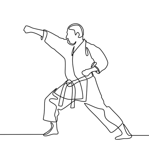 continuous line drawing of one male karate athlete. male karate athletes are concentrating their movements isolated on white background - Vector, Image