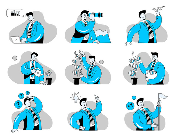 Μια σειρά από εικονογραφήσεις για το θέμα της επιχείρησης. Αντίληψη διανυσματική απεικόνιση με έναν επιχειρηματία. - Διάνυσμα, εικόνα