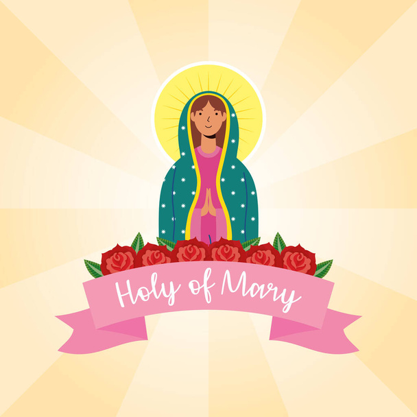 assumption of beautiful mary virgin with roses and ribbon - Vector, Image