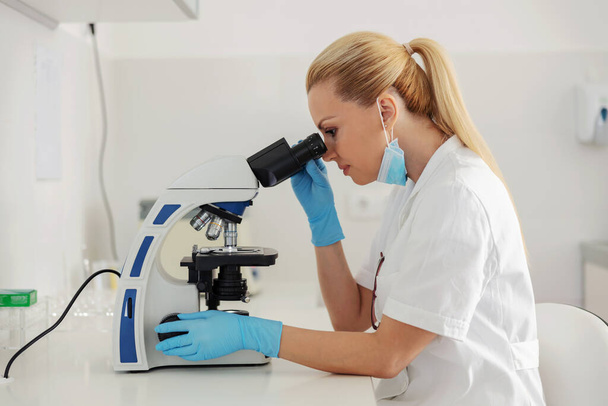 研究室に座って、血液検査のために顕微鏡を使用して専用のブロンドの女性研究室アシスタントの側面図. - 写真・画像