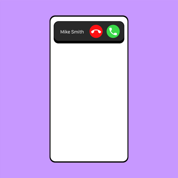 iPhoneの通話画面インターフェイス,ボタンを受け入れます,減少ボタン.着信。テンプレート。スマートフォン、携帯電話の呼び出しベクトルモックアップ上のバイオレット背景 - ベクター画像