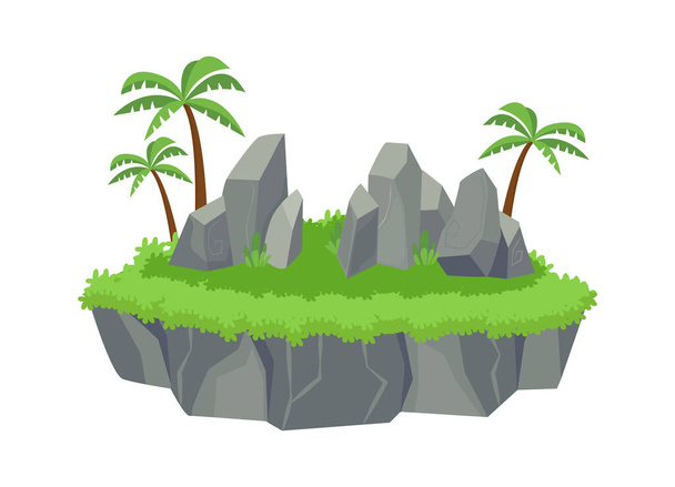 Green island with blocks stones. Stone ledges palm trees and clover lawn platform beautiful view natural formations green vegetation. Natural cartoon graphics. - Vektor, kép